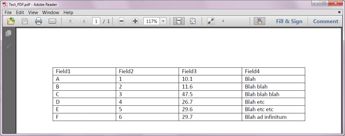 Table in PDF